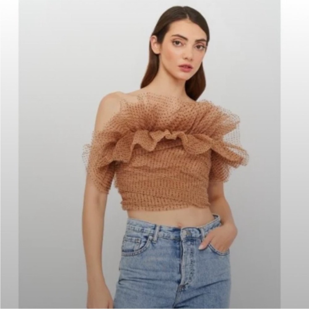 Zara Tan Ruffled Off-Shoulder Blouse - Picture 2 of 14